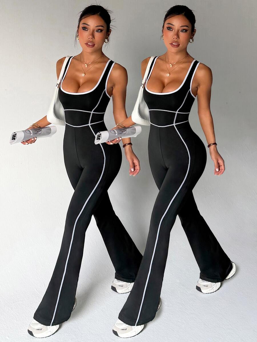 SHEIN Velisys Women's Wide Strap Tank Top, Fitted, Flared, Colorblock, Sports Jumpsuits, Yoga, Outdoor, Gym - Black - View 1