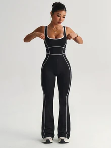 SHEIN Velisys Women's Wide Strap Tank Top, Fitted, Flared, Colorblock, Sports Jumpsuits, Yoga, Outdoor, Gym - Black - View 7