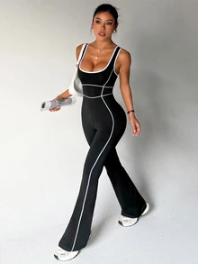SHEIN Velisys Women's Wide Strap Tank Top, Fitted, Flared, Colorblock, Sports Jumpsuits, Yoga, Outdoor, Gym - Black - View 6
