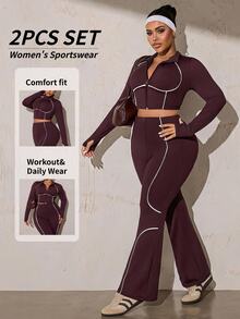 SHEIN Rhythm Era Women's Plus Size Zipper Long Sleeve Top And White Colorblock Pants Sports Set Gym Autumn Cow Girl - Brown - View 7