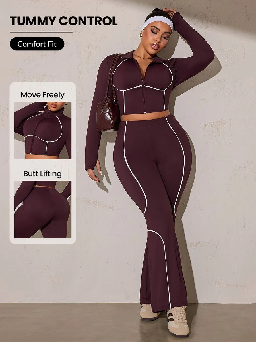 SHEIN Rhythm Era Women's Plus Size Zipper Long Sleeve Top And White Colorblock Pants Sports Set Gym Autumn Cow Girl - Brown - View 1