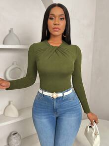 VaVaBold Women's Casual Elegant Bowknot Collar Slim Fitted Ruffled Hem Solid Color Long Sleeve T-Shirt,Fall - Army Green - View 8