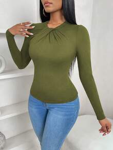 VaVaBold Women's Casual Elegant Bowknot Collar Slim Fitted Ruffled Hem Solid Color Long Sleeve T-Shirt,Fall - Army Green - View 6