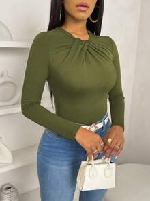 VaVaBold Women's Casual Elegant Bowknot Collar Slim Fitted Ruffled Hem Solid Color Long Sleeve T-Shirt,Fall - Army Green - View 2