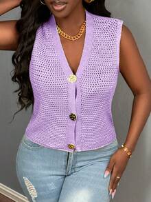 BamGleam New Green Metal Big Button V-Neck Sweater Vest Hollow Out Cardigan, Casual Chic Minimalist Knitted Vest For Autumn Winter Spring Outings - Purple - View 6