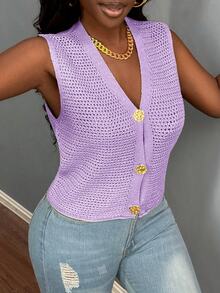 BamGleam New Green Metal Big Button V-Neck Sweater Vest Hollow Out Cardigan, Casual Chic Minimalist Knitted Vest For Autumn Winter Spring Outings - Purple - View 7