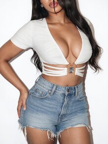 BamGleam Women's Sexy V-Neck Metal Buckle Textured Fabric Short Sleeve T-Shirt, Suitable For Spring/Summer Night Out Club All White - White - View 3