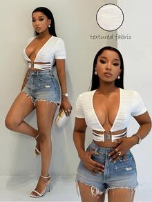 BamGleam Women's Sexy V-Neck Metal Buckle Textured Fabric Short Sleeve T-Shirt, Suitable For Spring/Summer Night Out Club All White - White - View 5
