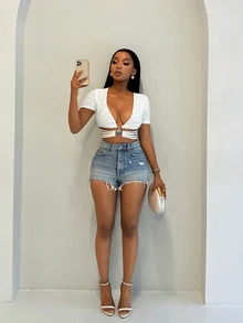 BamGleam Women's Sexy V-Neck Metal Buckle Textured Fabric Short Sleeve T-Shirt, Suitable For Spring/Summer Night Out Club All White - White - View 6