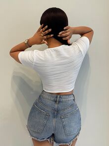 BamGleam Women's Sexy V-Neck Metal Buckle Textured Fabric Short Sleeve T-Shirt, Suitable For Spring/Summer Night Out Club All White - White - View 4