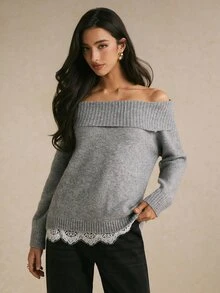 Poéselle 女款優雅露肩蕾絲飾邊針織衫,秋冬季女款毛衣 - 灰色 - 查看 4