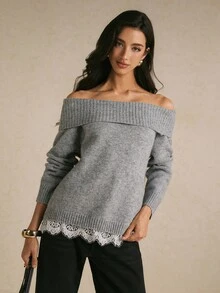 Poéselle 女款優雅露肩蕾絲飾邊針織衫,秋冬季女款毛衣 - 灰色 - 查看 7