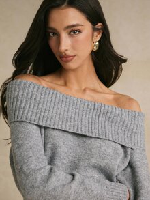 Poéselle 女款優雅露肩蕾絲飾邊針織衫,秋冬季女款毛衣 - 灰色 - 查看 5