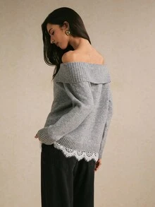 Poéselle 女款優雅露肩蕾絲飾邊針織衫,秋冬季女款毛衣 - 灰色 - 查看 3