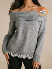 Poéselle 女款優雅露肩蕾絲飾邊針織衫,秋冬季女款毛衣 - 灰色 - 查看 2