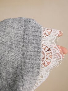 Poéselle 女款優雅露肩蕾絲飾邊針織衫,秋冬季女款毛衣 - 灰色 - 查看 10