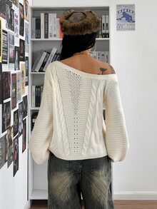 SHEIN HypeZone Minimalist Street Style Women's Autumn/Winter Beige Asymmetrical Shoulder Hollow Cable Knit Long Sleeve Loose Sweater Top - Beige - View 3