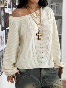 SHEIN HypeZone Minimalist Street Style Women's Autumn/Winter Beige Asymmetrical Shoulder Hollow Cable Knit Long Sleeve Loose Sweater Top - Beige - View 4