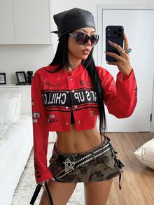 StreetHx Women's Sexy Biker Cropped Button Long Sleeve Jacket - Red - View 5