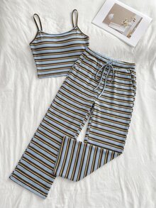 FavEase Women's Autumn/Winter Blue Striped Camisole With Open Back Slim Fit, Straight Leg Drawstring Pants, 2 Pieces Set, Casual Retro Vintage Y2K Vacation - Blue - View 1