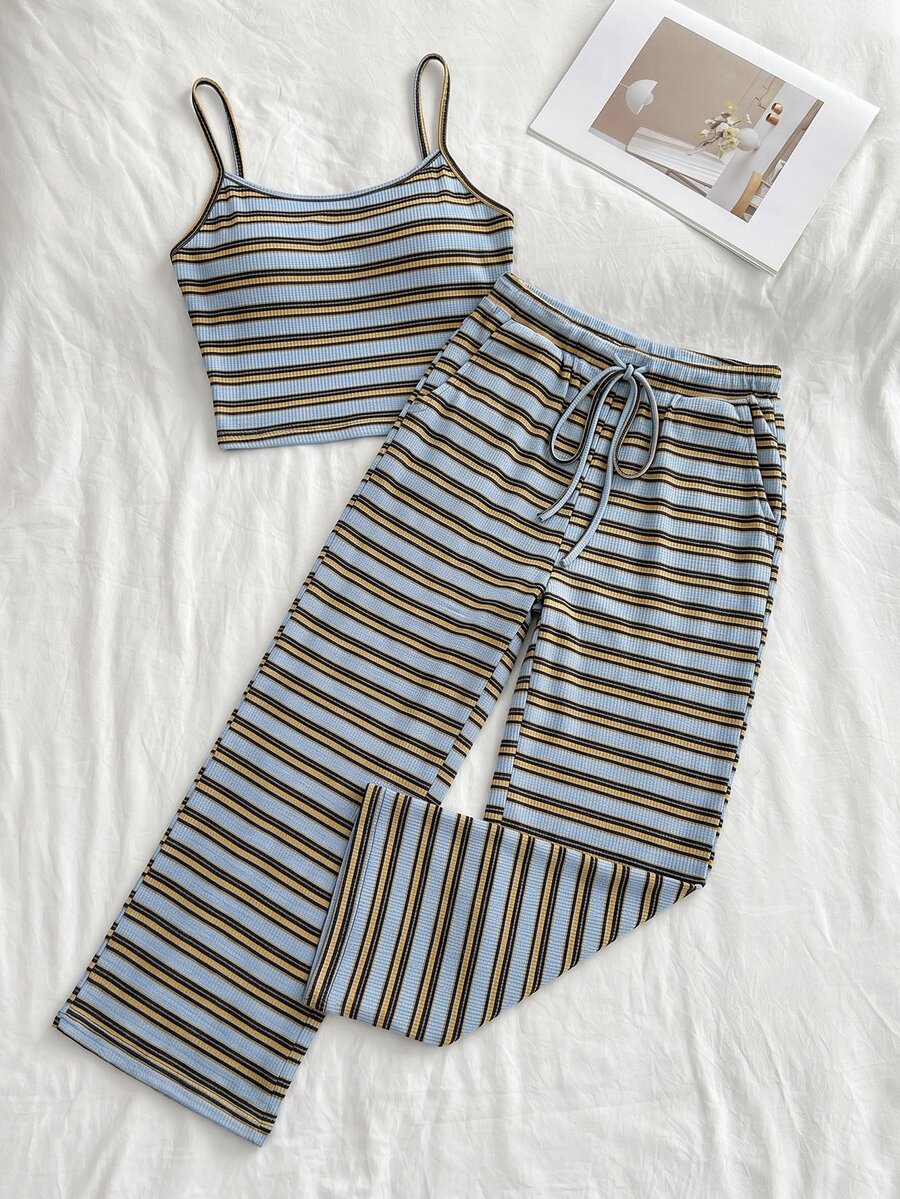 FavEase Women's Autumn/Winter Blue Striped Camisole With Open Back Slim Fit, Straight Leg Drawstring Pants, 2 Pieces Set, Casual Retro Vintage Y2K Vacation - Blue - View 1