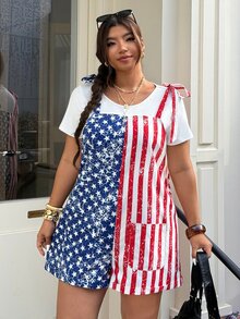Muchica Plus Size Women's American Flag Print Pocket Romper - Multicolor - View 3