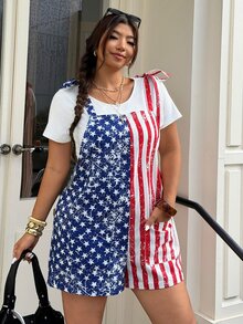Muchica Plus Size Women's American Flag Print Pocket Romper - Multicolor - View 4
