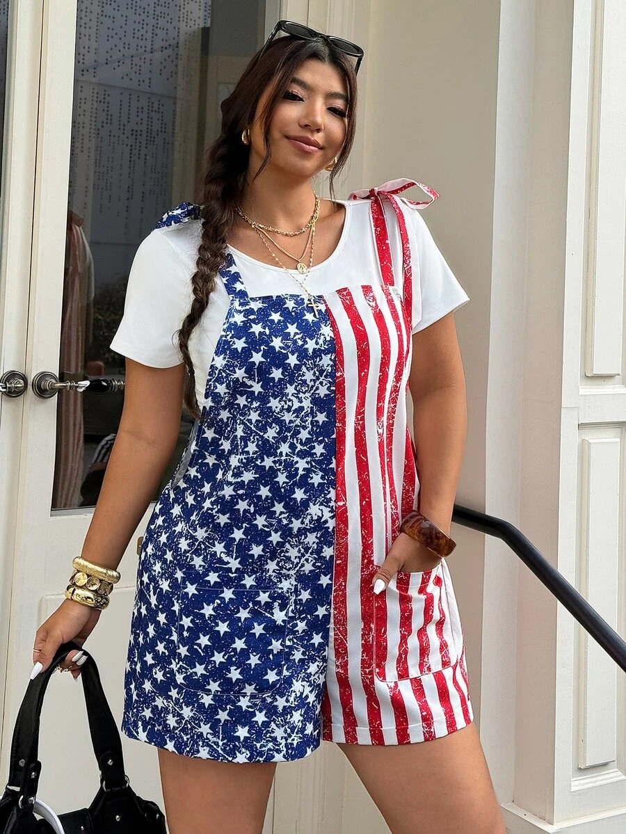 Muchica Plus Size Women's American Flag Print Pocket Romper - Multicolor - View 1