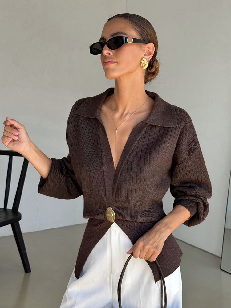 Lavishia Women's Collared Metal Button Cinched Waist A-Line Cardigan - Mocha Brown - View 4