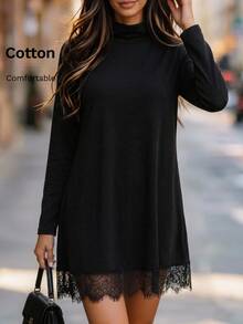 EMERY ROSE Women's French Lace Patchwork Long Sleeve Dress For Dating - Black - View 1