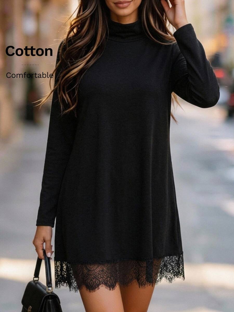 EMERY ROSE Women's French Lace Patchwork Long Sleeve Dress For Dating - Black - View 1