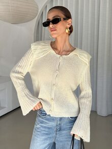 Lavishia Women's Elegant Exquisite Fashion Loose Bell Sleeve Button Front Cardigan - Apricot - View 7