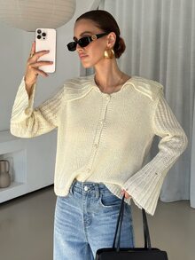 Lavishia Women's Elegant Exquisite Fashion Loose Bell Sleeve Button Front Cardigan - Apricot - View 6