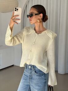 Lavishia Women's Elegant Exquisite Fashion Loose Bell Sleeve Button Front Cardigan - Apricot - View 3