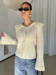 Lavishia Women's Elegant Exquisite Fashion Loose Bell Sleeve Button Front Cardigan - Apricot - View 4