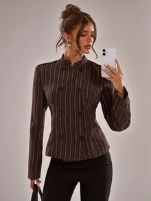 SHEIN BAE BAE 棕色細條紋雙排扣西裝外套，寬鬆版型長袖西裝夾克，適合辦公室休閒週末早午餐秋季穿搭，雙排扣 - 棕色 - 查看 4