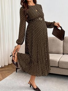 SHEIN Maternity Gentle French 1920 Vintage Elegant Grey Print Long Sleeve Dress Autumn Photoshoot - Brown - View 8