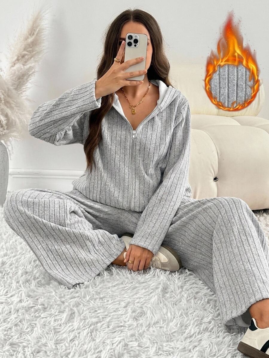 SHEIN LUNE Conjunto de 2 piezas de sudadera con capucha con cremallera y pantalones con forro térmico para mujer talla grande, gris, estilo casual básico holgado tradicional suave para vacaciones, invierno, casa y descanso - Gris - Ver 1