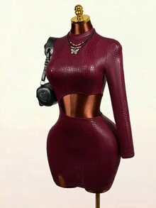 Mistrie Sexy Crocodile Print Cutout Waist Long Sleeve High Neck Club Mini Dress - Burgundy - View 6
