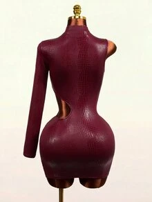 Mistrie Sexy Crocodile Print Cutout Waist Long Sleeve High Neck Club Mini Dress - Burgundy - View 7