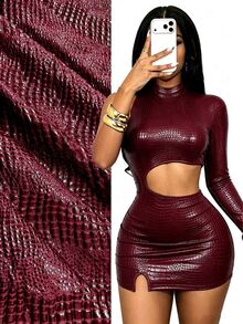 Mistrie Sexy Crocodile Print Cutout Waist Long Sleeve High Neck Club Mini Dress - Burgundy - View 8
