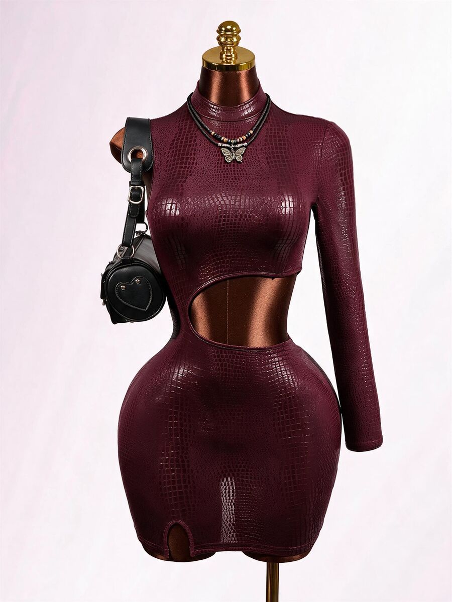 Mistrie Sexy Crocodile Print Cutout Waist Long Sleeve High Neck Club Mini Dress