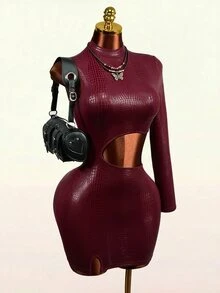 Mistrie Sexy Crocodile Print Cutout Waist Long Sleeve High Neck Club Mini Dress - Burgundy - View 4
