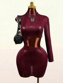 Mistrie Sexy Crocodile Print Cutout Waist Long Sleeve High Neck Club Mini Dress - Burgundy - View 5