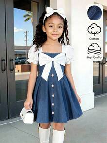 Tween Girls' Navy Blue And White Dress Short Puff Sleeve Bow Decor Spliced Denim Back To School Clothes Fall Clothes Robe Elegant Chic Fall Outfits - Medium Wash - View 5
