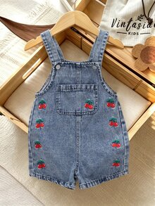 SHEIN Vintaside Kids 女嬰牛仔短褲，輕量夏季新品，中洗紅白藍配色，可愛甜美街頭風休閒時尚百搭生日款 - 中等水洗藍 - 查看 5