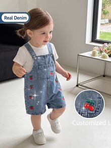 SHEIN Vintaside Kids 女嬰牛仔短褲，輕量夏季新品，中洗紅白藍配色，可愛甜美街頭風休閒時尚百搭生日款 - 中等水洗藍 - 查看 2