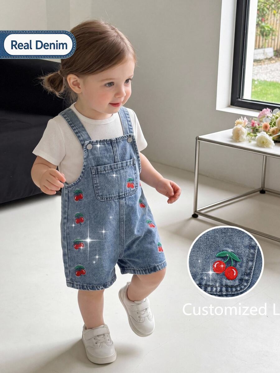 SHEIN Vintaside Kids 女嬰牛仔短褲，輕量夏季新品，中洗紅白藍配色，可愛甜美街頭風休閒時尚百搭生日款