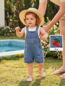 SHEIN Vintaside Kids 女嬰牛仔短褲，輕量夏季新品，中洗紅白藍配色，可愛甜美街頭風休閒時尚百搭生日款 - 中等水洗藍 - 查看 10