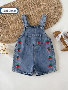 SHEIN Vintaside Kids 女嬰牛仔短褲，輕量夏季新品，中洗紅白藍配色，可愛甜美街頭風休閒時尚百搭生日款 - 中等水洗藍 - 查看 3